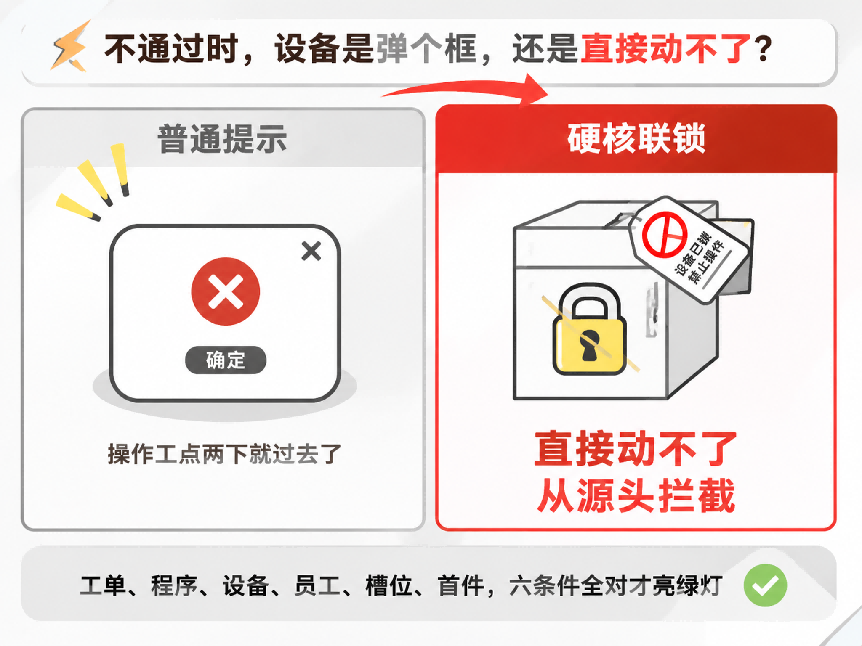 MES系統(tǒng)上料防錯-普通提示與硬核聯(lián)鎖對比-六條件全對才亮綠燈-盈致科技SiMDA-MES